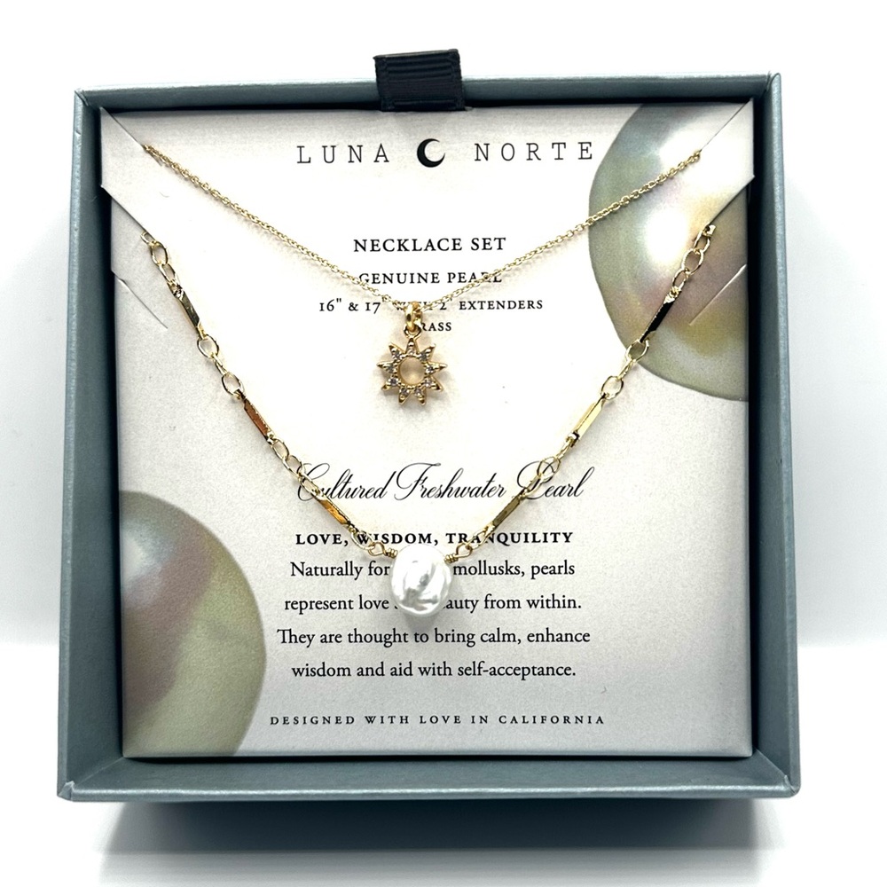 Luna Norte Pearl Double Necklace Brass Set - Picture 2 of 5